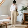 Beige Tencel cotton curved knife pants for women, high-waisted, slimming, with a drape, 9-inch wide-leg casual pants details Picture